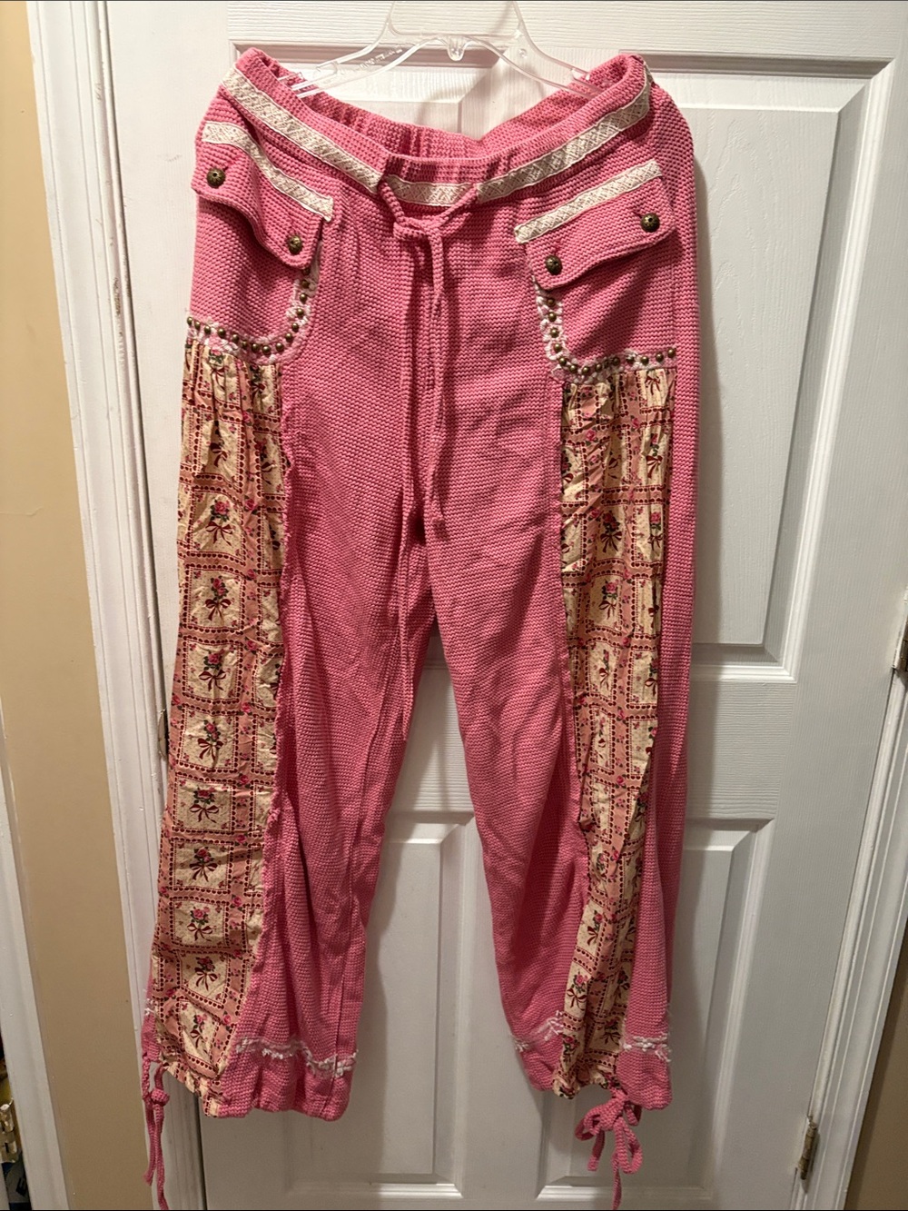 POL Jogger Pants Pink Punch -Crochet Knit Patchwork&Stud Detail NWOT